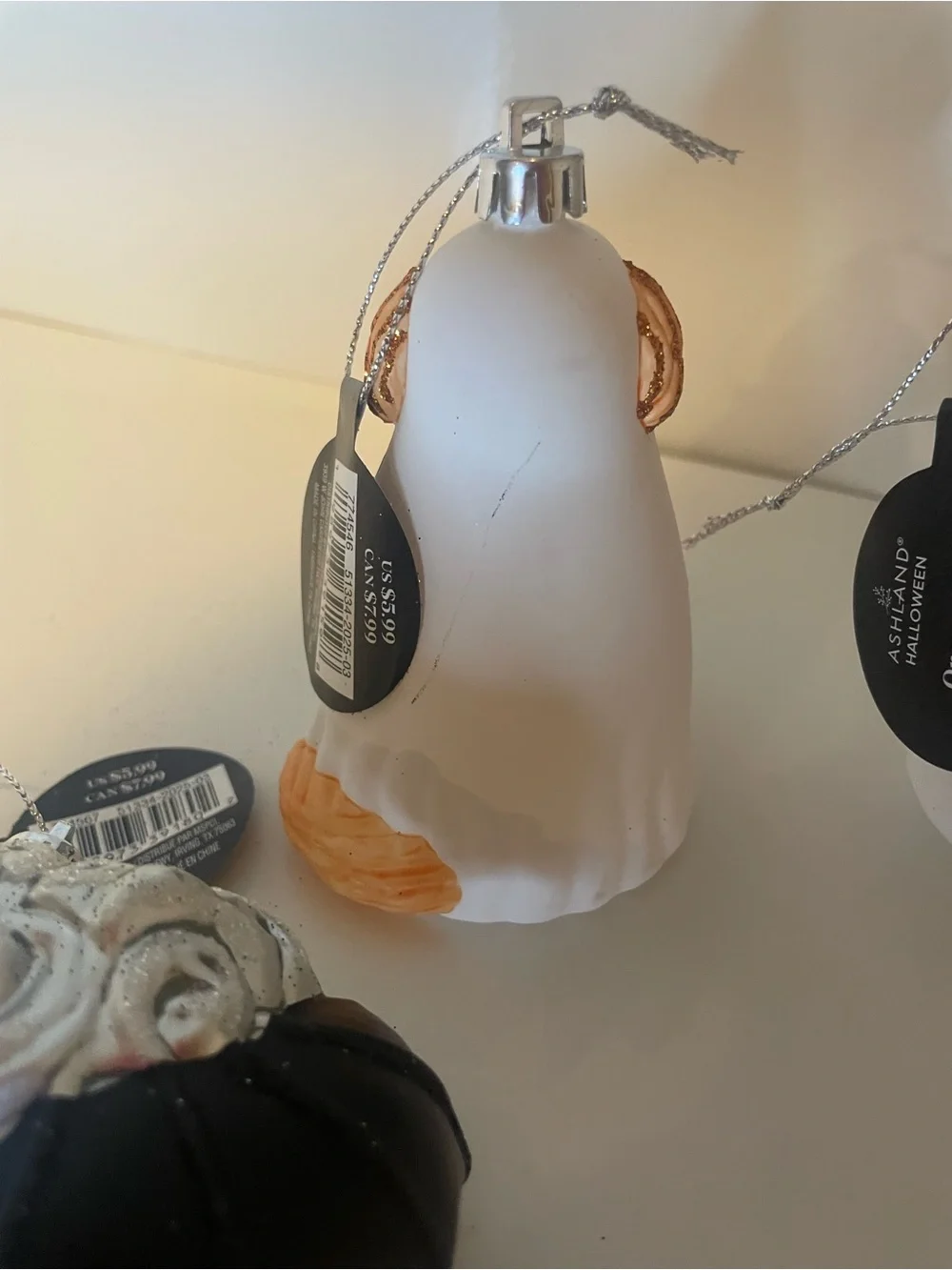 Halloween Bat, Dog and Ghost Ornaments - Black, White, Orange, Silver, Set of 4